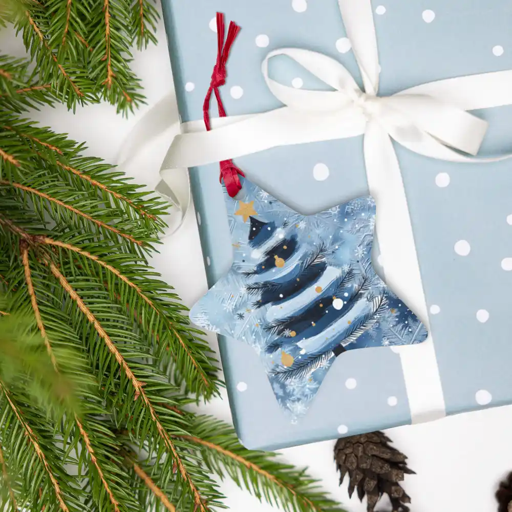 Estrella de madera decorada con diseño de árbol pintado de La Magia de un Sentimiento en un paquete de regalo.