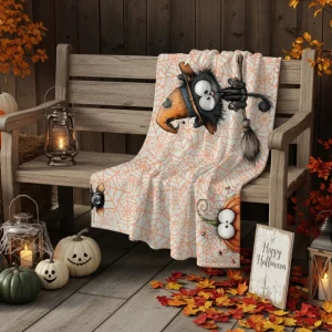 Manta polar de Halloween con divertido diseño de gato con sombrero de bruja, calabaza, murciélagos y telas de araña
