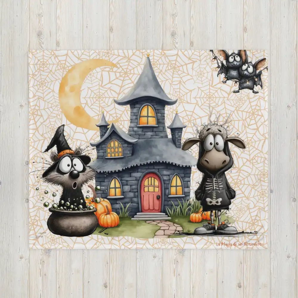 Manta polar de Halloween con divertido diseño de oveja esqueleto, mapache en un caldero, murciélagos y telas de araña - Imagen 2