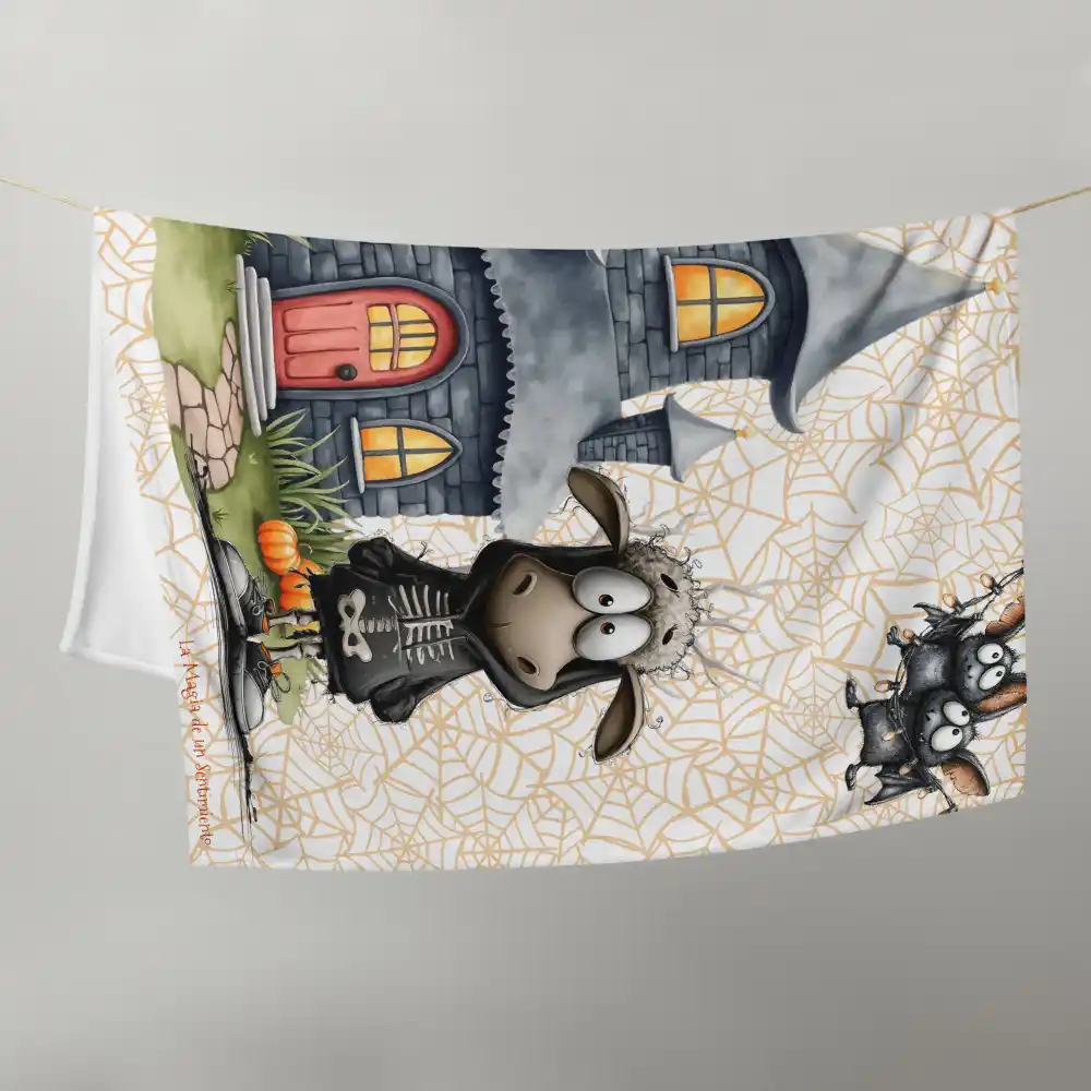 Manta polar de Halloween con divertido diseño de oveja esqueleto, mapache en un caldero, murciélagos y telas de araña - Imagen 3
