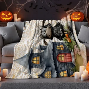 Manta polar de Halloween con divertido diseño de oveja esqueleto, mapache en un caldero, murciélagos y telas de araña