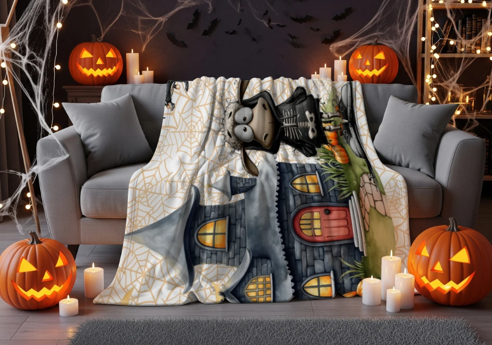 Manta polar de Halloween con divertido diseño de oveja esqueleto, mapache en un caldero, murciélagos y telas de araña