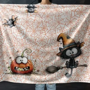 Manta polar de Halloween con divertido diseño de gato con sombrero de bruja, calabaza, murciélagos y telas de araña