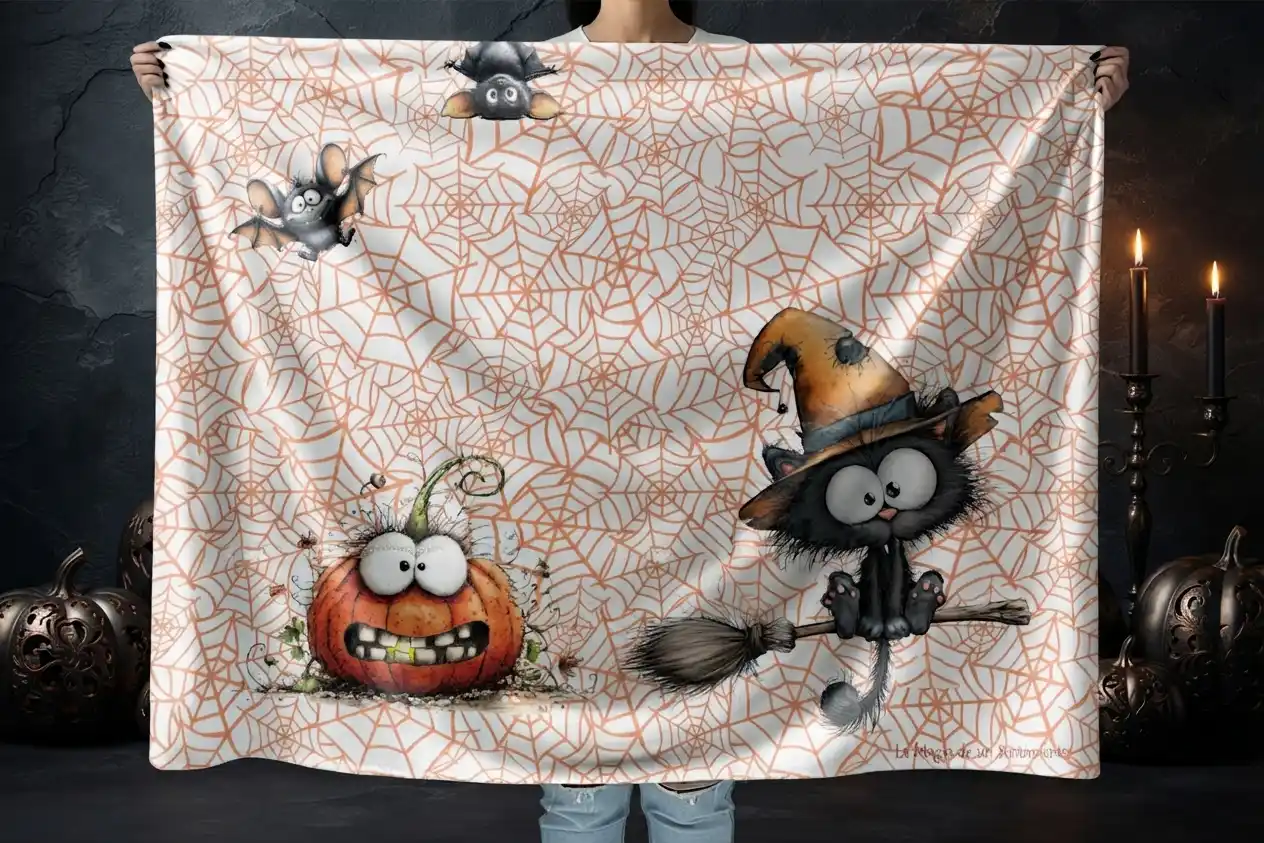 Manta polar de Halloween con divertido diseño de gato con sombrero de bruja, calabaza, murciélagos y telas de araña