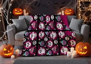 Manta polar de Halloween con patrón de fantasmas, pociones, calaveras y cupcakes en rosa