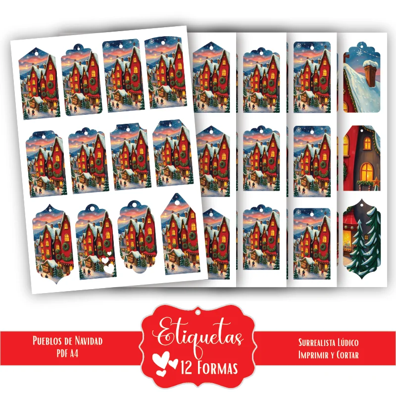 Etiquetas imprimibles de Navidad con Casas de Cuento Rojas - Imagen 3