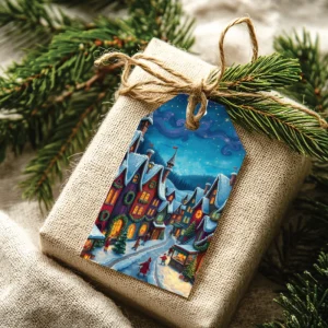 Etiquetas imprimibles de Navidad con Casas de Cuento y cielo azul