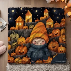 Manta polar de Halloween con calabazas, casitas y dulce niño con gorro