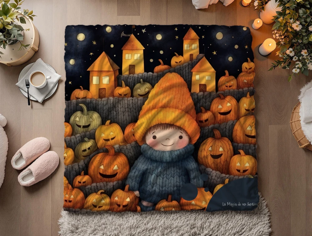 Manta polar de Halloween con calabazas, casitas y dulce niño con gorro