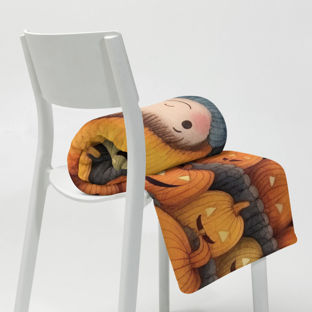 Manta polar de Halloween con calabazas, casitas y dulce niño con gorro - Imagen 2