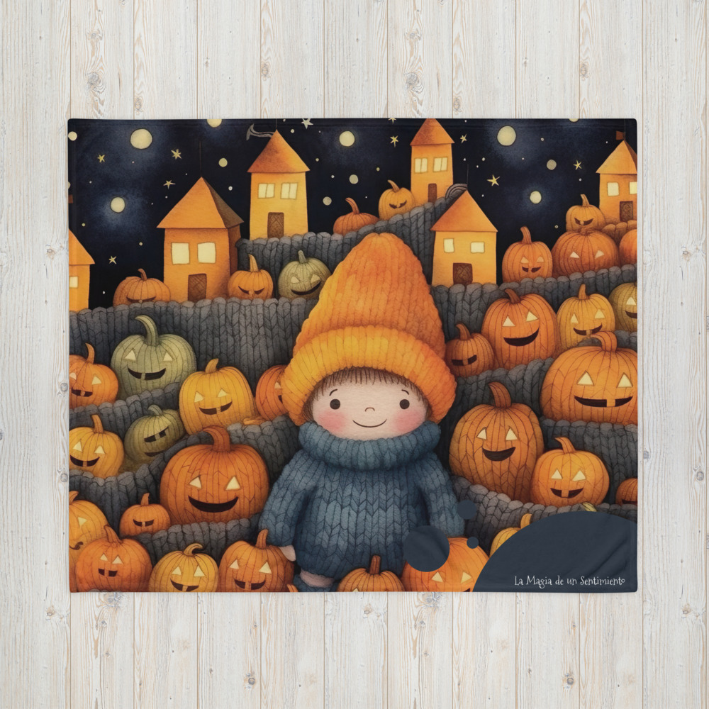 Manta polar de Halloween con calabazas, casitas y dulce niño con gorro - Imagen 3