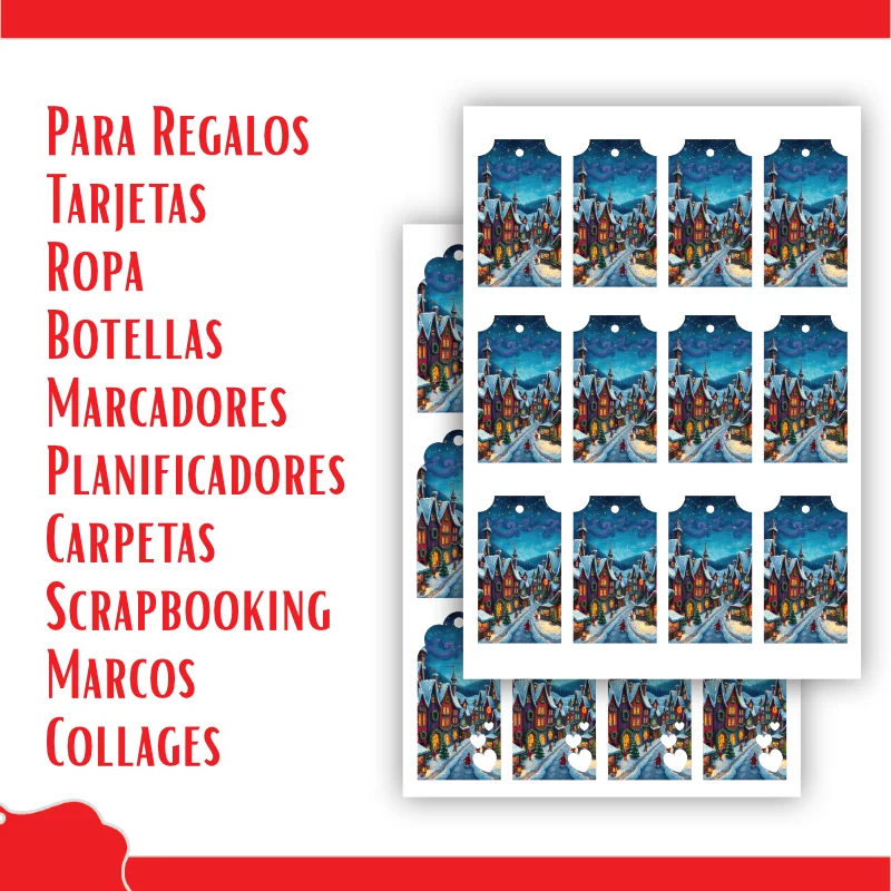 Etiquetas imprimibles de Navidad con Casas de Cuento y cielo azul - Imagen 6