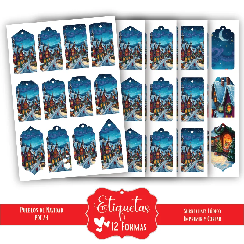 Etiquetas imprimibles de Navidad con Casas de Cuento y cielo azul - Imagen 3