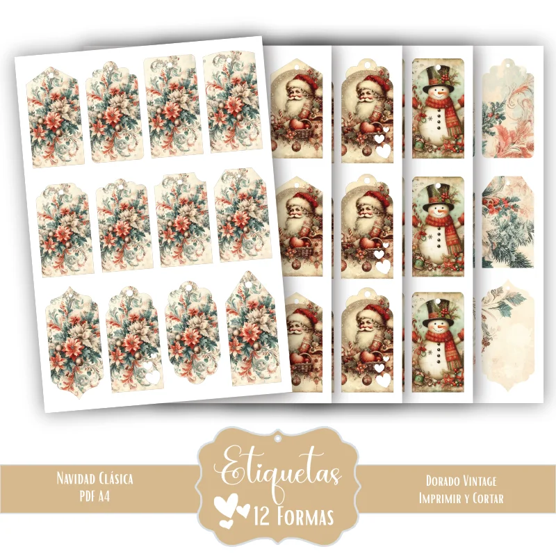Etiquetas imprimibles de Navidad de estilo Vintage dorado y tierra - Imagen 7