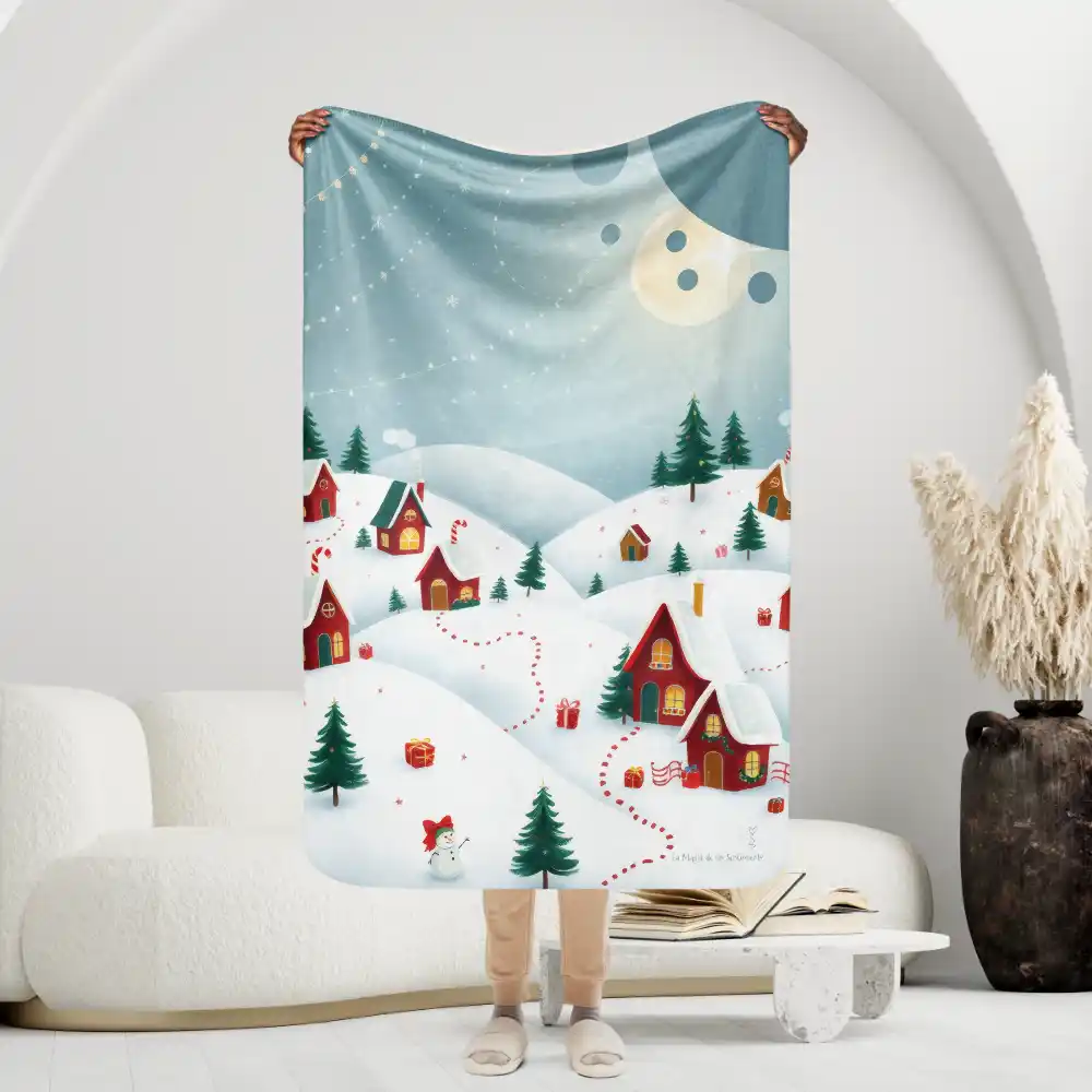 Manta con Paisaje de Invierno de Casas y Colinas con Guirnaldas de Estrellas