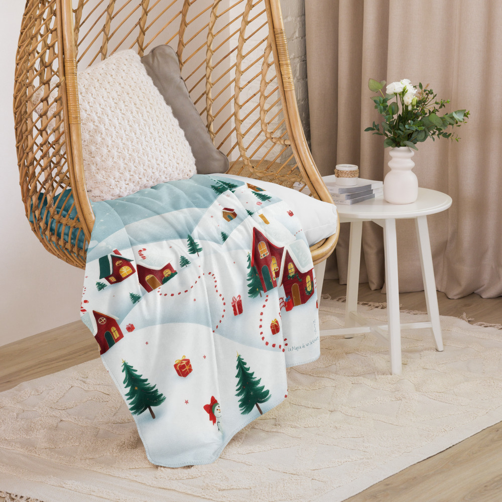 Manta con Paisaje de Invierno de Casas y Colinas con Guirnaldas de Estrellas - Imagen 2