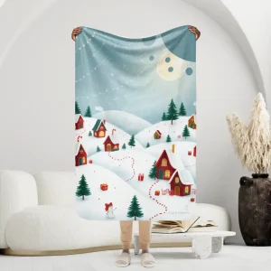 Manta con Paisaje de Invierno de Casas y Colinas con Guirnaldas de Estrellas