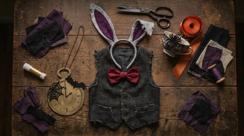 Orejas de fieltro gris con interior morado, chaleco oscuro, pajarita granate y reloj de cartón dorado con telaraña para un disfraz de Conejo Blanco de Halloween