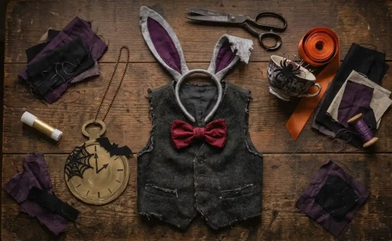 Orejas de fieltro gris con interior morado, chaleco oscuro, pajarita granate y reloj de cartón dorado con telaraña para un disfraz de Conejo Blanco de Halloween