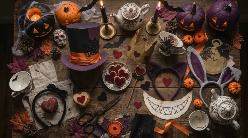Elementos decorativos de Halloween en morado, negro y naranja para un disfraz de grupo de Alicia en el País de las Maravillas