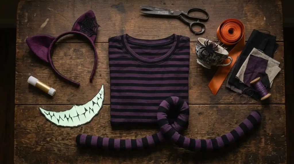 Diadema con orejas moradas y telaraña, camiseta de rayas moradas y negras, cola rayada y sonrisa de cartulina con dientes afilados para un disfraz de Gato de Cheshire de Halloween