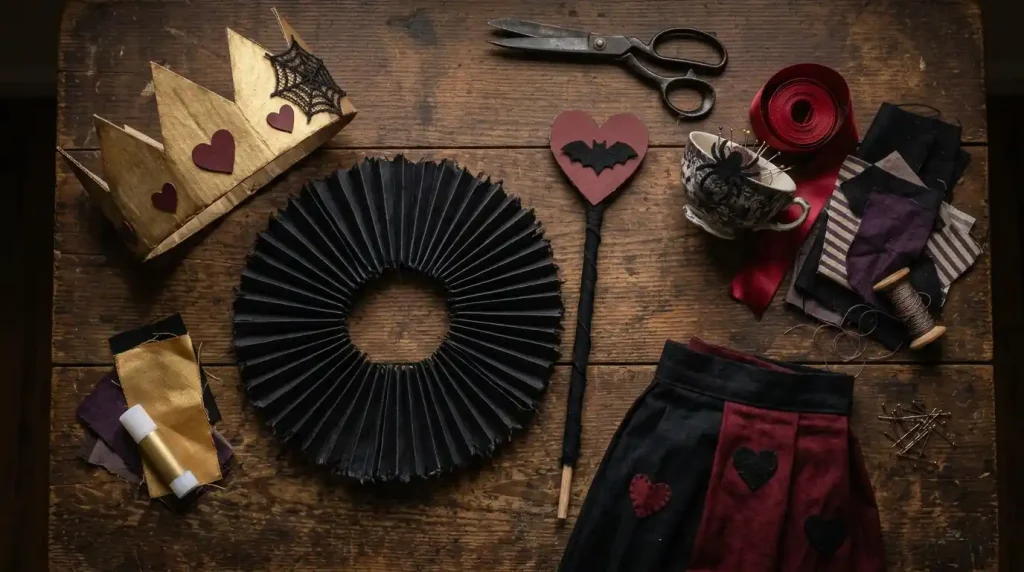 Corona dorada con corazones granate, gorguera negra plisada, cetro con corazón y murciélago y falda negra y granate para un disfraz de Reina de Corazones de Halloween