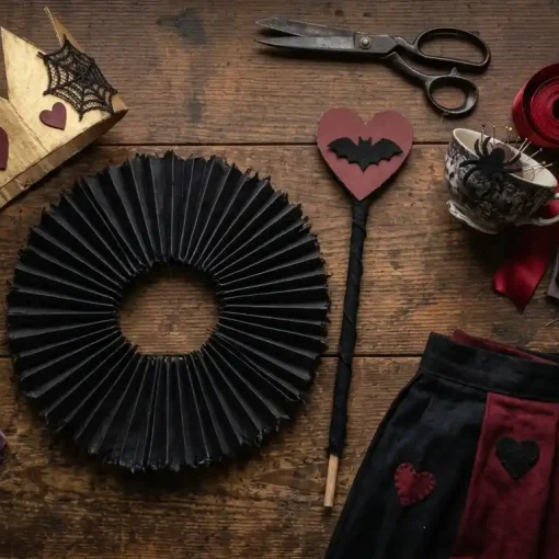 Corona dorada con corazones granate, gorguera negra plisada, cetro con corazón y murciélago y falda negra y granate para un disfraz de Reina de Corazones de Halloween