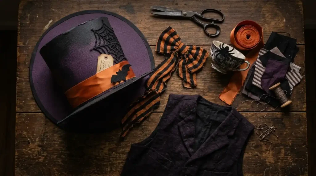 Sombrero de copa de cartulina morada y negra con telaraña, murciélago y cinta naranja, junto a pajarita de rayas y chaleco oscuro para un disfraz de Sombrerero Loco de Halloween
