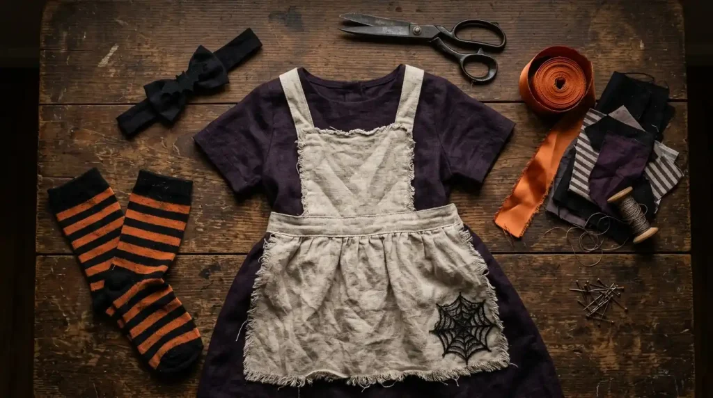 Vestido morado oscuro, delantal crudo desgastado con telaraña de encaje, lazo negro con murciélago y medias de rayas negras y naranjas para un disfraz casero de Alicia de Halloween