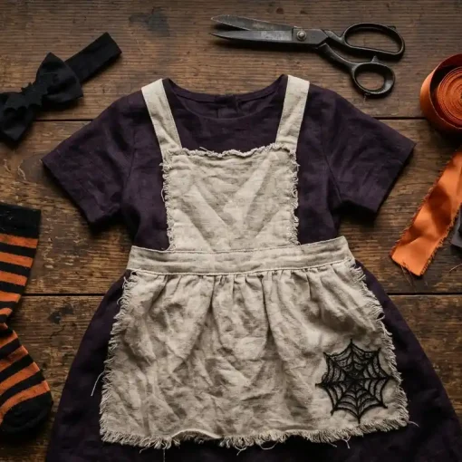 Vestido morado oscuro, delantal crudo desgastado con telaraña de encaje, lazo negro con murciélago y medias de rayas negras y naranjas para un disfraz casero de Alicia de Halloween