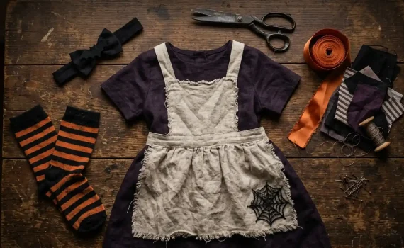 Vestido morado oscuro, delantal crudo desgastado con telaraña de encaje, lazo negro con murciélago y medias de rayas negras y naranjas para un disfraz casero de Alicia de Halloween