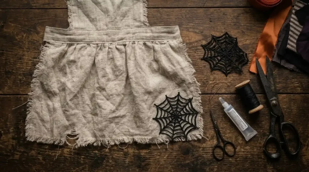 Telaraña de encaje negro cosida en la falda del delantal