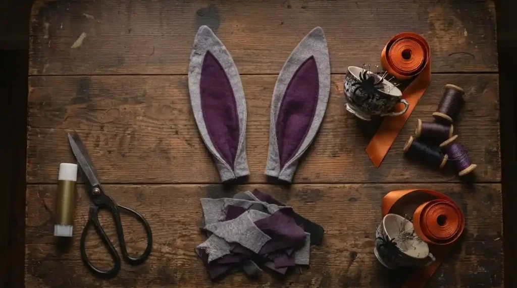 Orejas de conejo de fieltro gris recortadas con el interior morado pegado