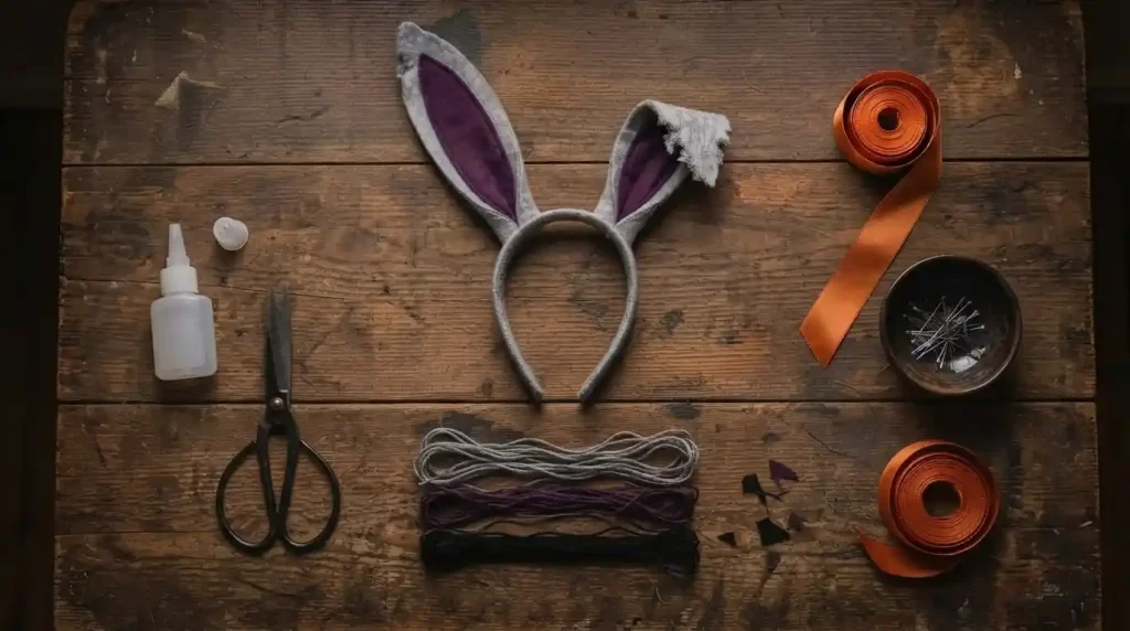 Diadema gris con orejas de fieltro, una de ellas con la punta rasgada