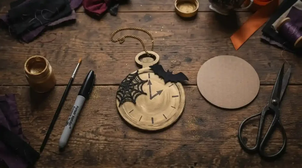 Reloj de bolsillo de cartón dorado con telaraña, murciélago de fieltro y cadena