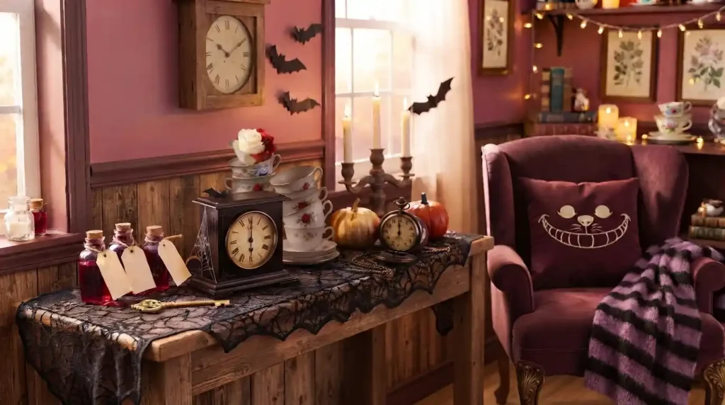 Rincón de Halloween de Alicia con consola rústica, torre de tazas, relojes negros, calabazas, murciélagos y sillón con cojín del Gato de Cheshire