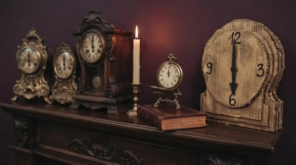 Repisa de madera con relojes antiguos parados a las seis y un reloj casero de cartón para decorar en Halloween