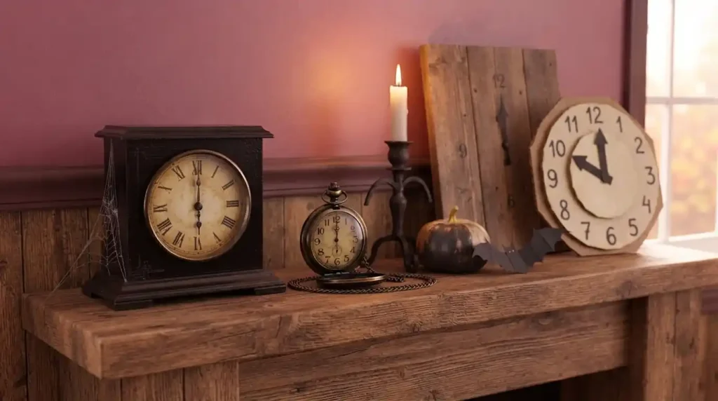 Relojes de sobremesa y de bolsillo parados a las seis sobre una repisa rústica, decoración de Halloween de Alicia