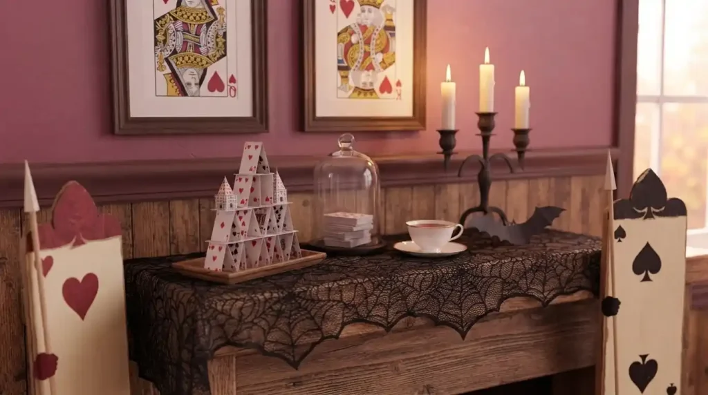 Soldados de cartas de cartón junto a una consola rústica con castillo de cartas, campana de cristal y velas