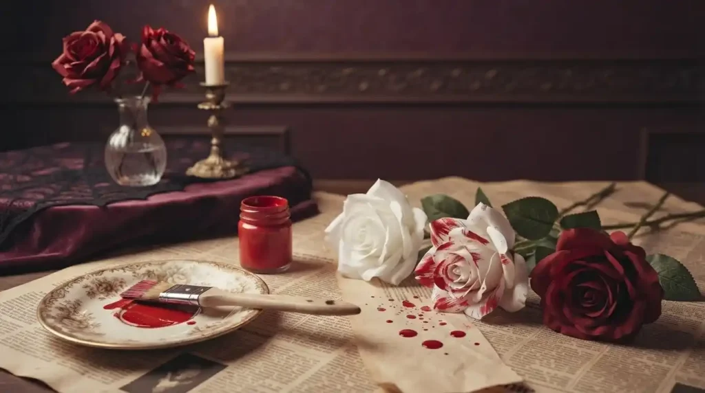 Rosas blancas pintadas de rojo con pincel y pintura sobre papel de periódico, detalle de decoración de Alicia