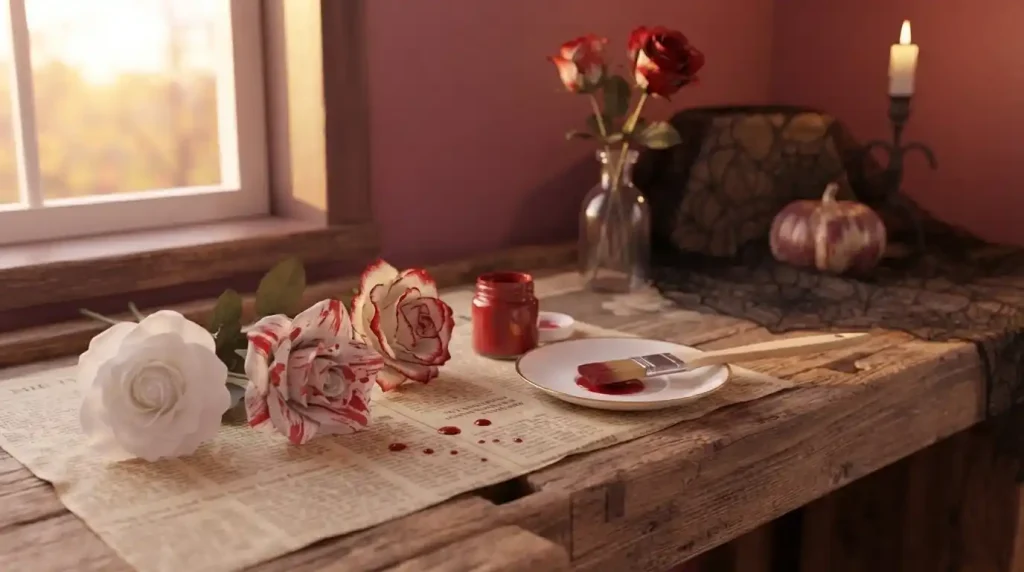 Mesa rústica con rosas blancas a medio pintar de rojo, pincel, tarro de pintura y jarrón con rosas terminadas