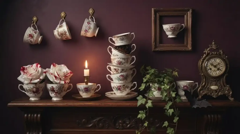 Tazas de porcelana desparejadas como decoración: torre de tazas, jarrones con rosas, taza con vela y tazas colgadas en la pared