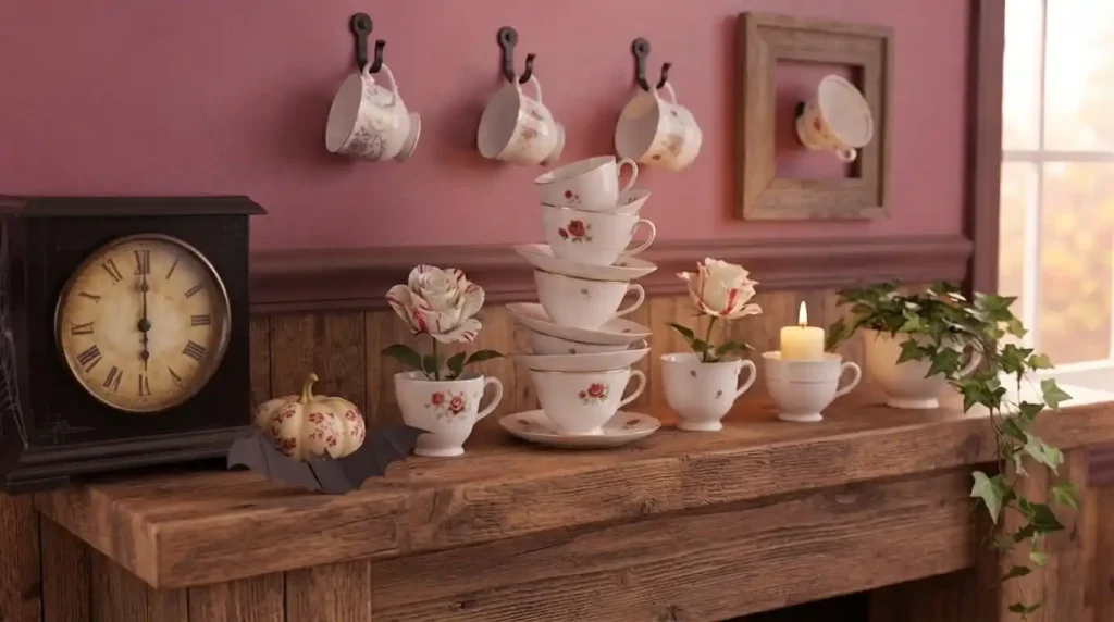 Estantería rústica con tazas blancas desparejadas apiladas, rosas pintadas de rojo, hiedra y tazas colgadas de ganchos