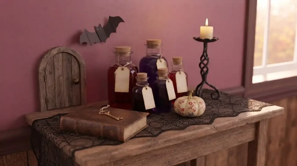 Mesita rústica con botellitas de corcho con etiquetas en blanco, llave dorada y puerta diminuta de madera en la pared