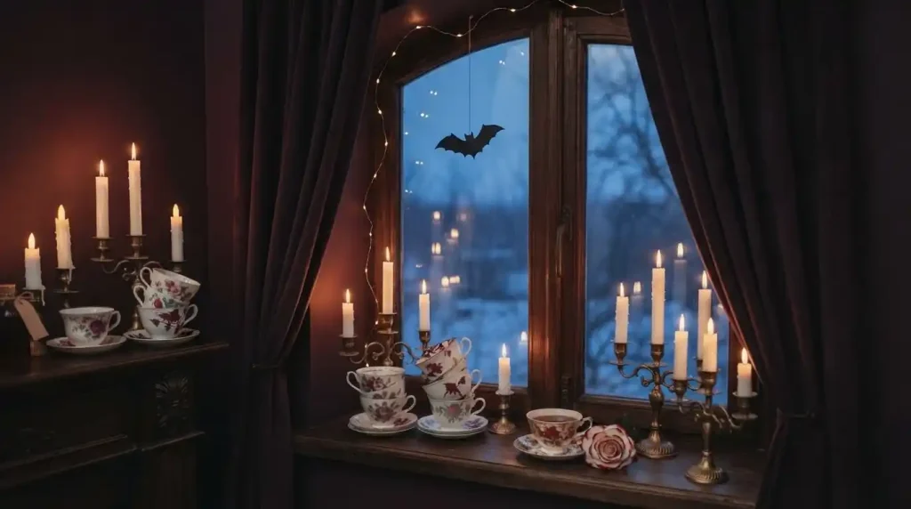 Ventana con cortinas oscuras, guirnalda de luces, velas en candelabros y tazas apiladas, ambiente cálido de Halloween