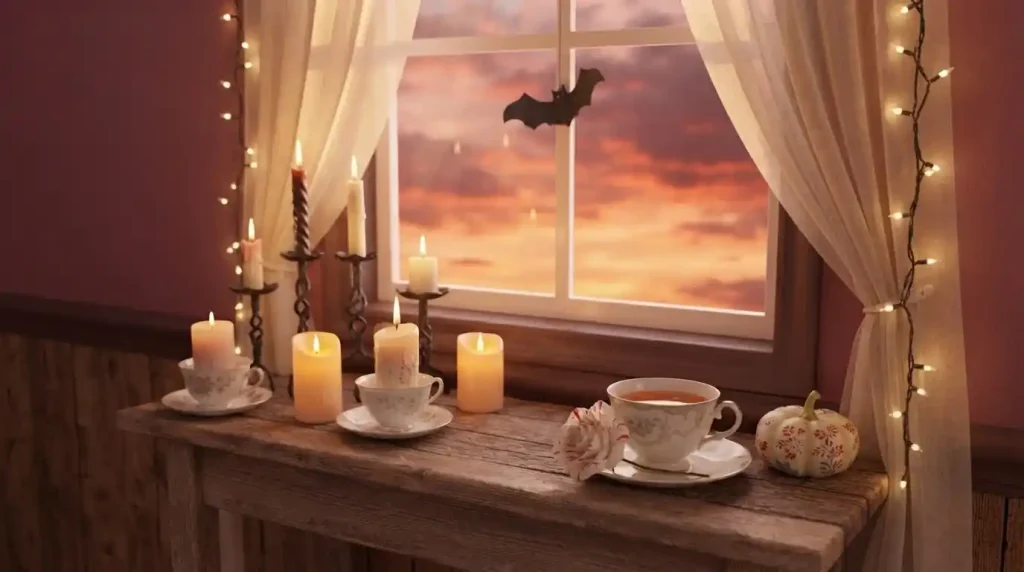 Alféizar de madera con velas, tazas blancas, calabaza pintada y guirnalda de luces junto a una ventana al atardecer