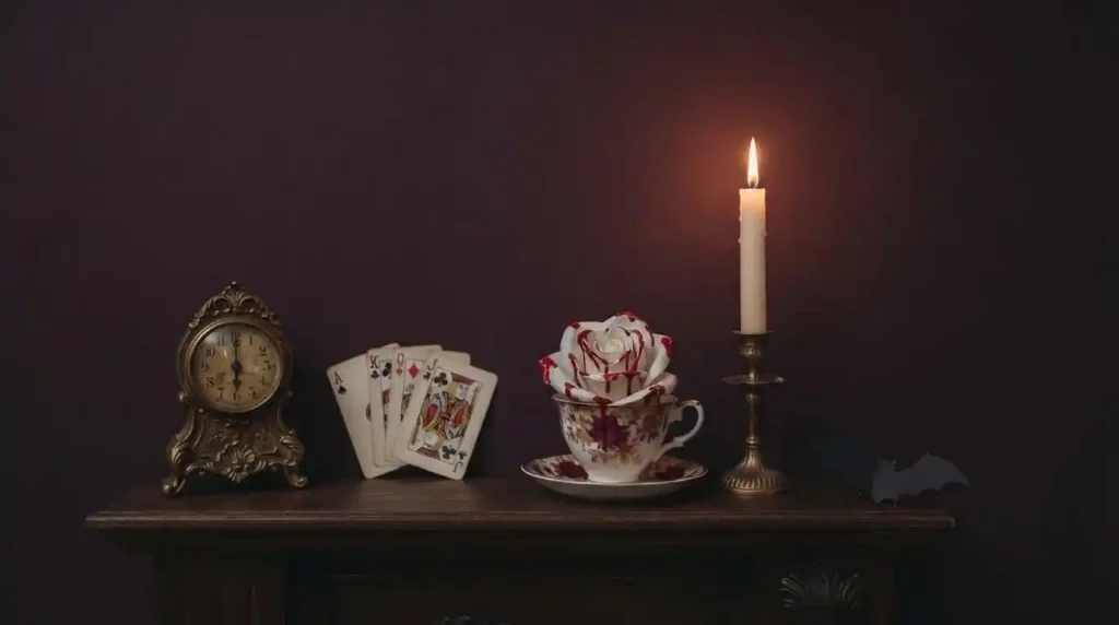 Rincón rápido de Alicia en Halloween: reloj parado a las seis, naipes, rosa pintada de rojo en una taza, vela y murciélago