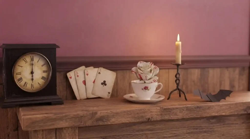 Repisa rústica con cinco elementos: reloj negro, naipes, rosa roja en una taza, vela y murciélago de papel