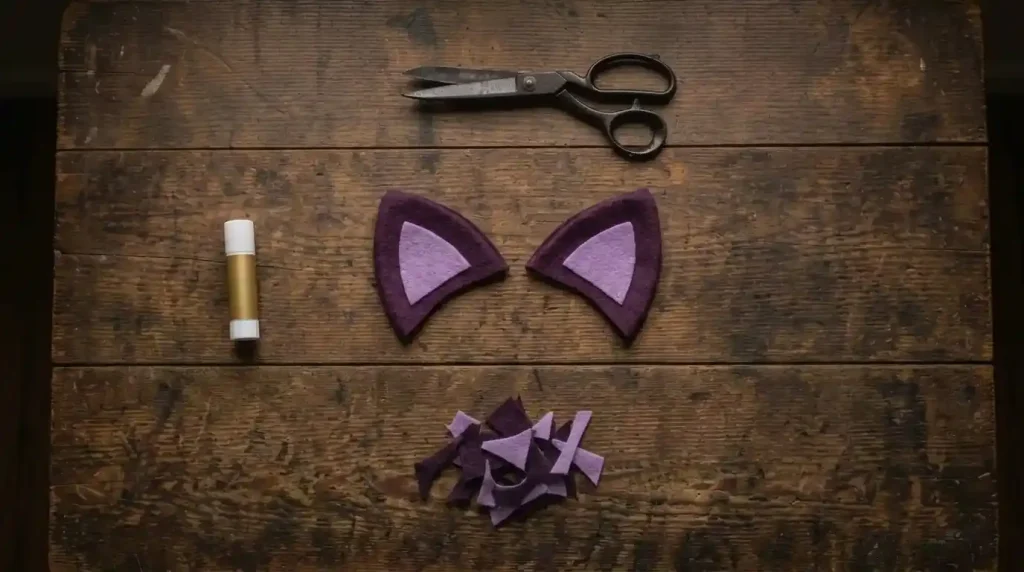 Orejas de fieltro morado recortadas en triángulo con el interior pegado