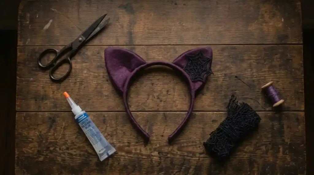 Diadema con orejas de fieltro morado y una telaraña de encaje en una de ellas